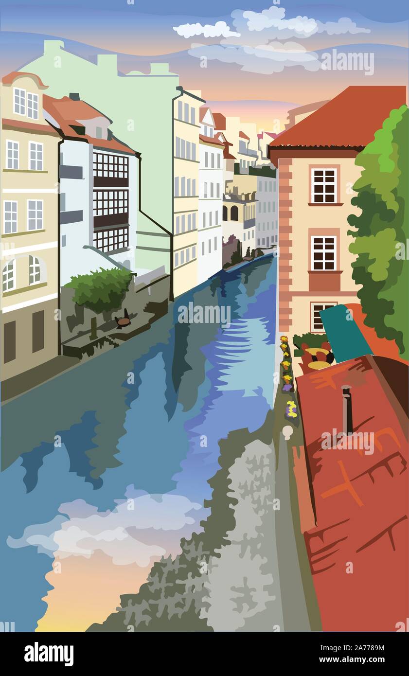 Colorata illustrazione vettoriale di Certovka canall di Praga. Di Praga, Repubblica Ceca. Colorata illustrazione vettoriale di di Praga. Illustrazione Vettoriale