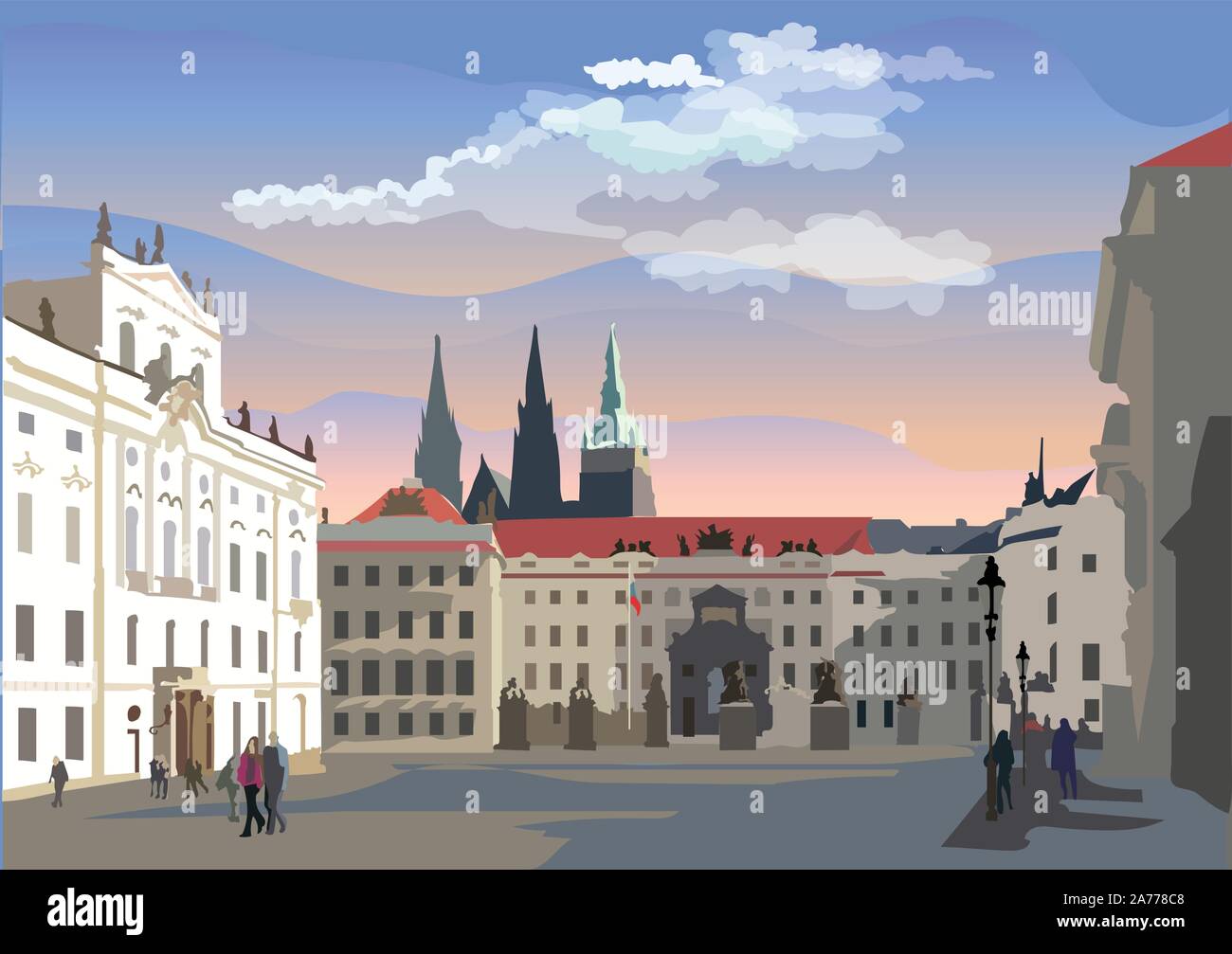 Colorata illustrazione vettoriale di Hradcany piazza. La gate centrale del castello di Hradcany. Di Praga, Repubblica Ceca. Vettore Illustra colorati Illustrazione Vettoriale