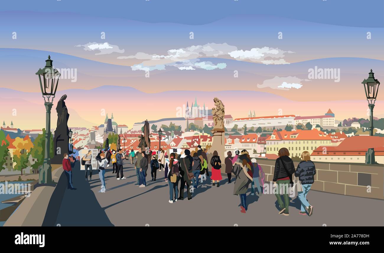 Colorata illustrazione vettoriale di Charles Bridge e il panorama di Praga. Di Praga, Repubblica Ceca.Colorata illustrazione vettoriale di punto di riferimento Illustrazione Vettoriale