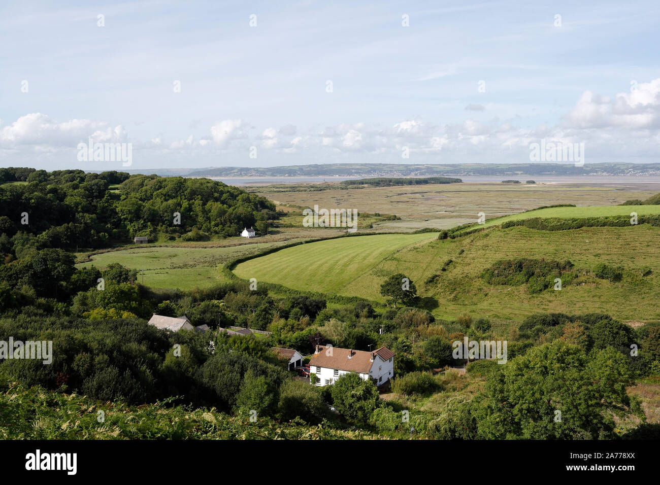 L'estuario del Loughor, la penisola di North Gower, Llanmadoc, Galles, Regno Unito, vista panoramica sulla campagna gallese. Bellezze naturali dell'area rurale britannica Foto Stock