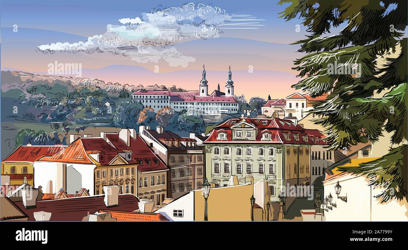 Vettore colorate a mano illustrazione di disegno del paesaggio urbano panoramica di Praga. Il monastero di Strahov e tetti di Praga. Di Praga, Repubblica Ceca. Illustrazione Vettoriale