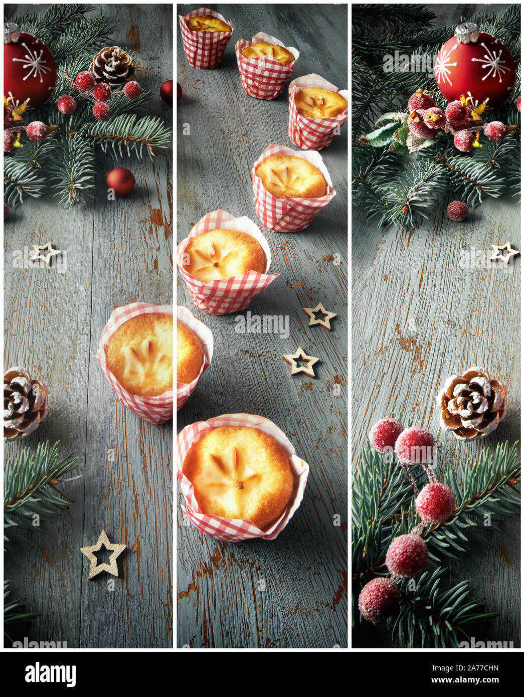 Collage di Natale snack dolci: limone mini muffin in involucri a scacchi sul tavolo rustico con decorazioni di Natale in rosso e verde. Foto Stock