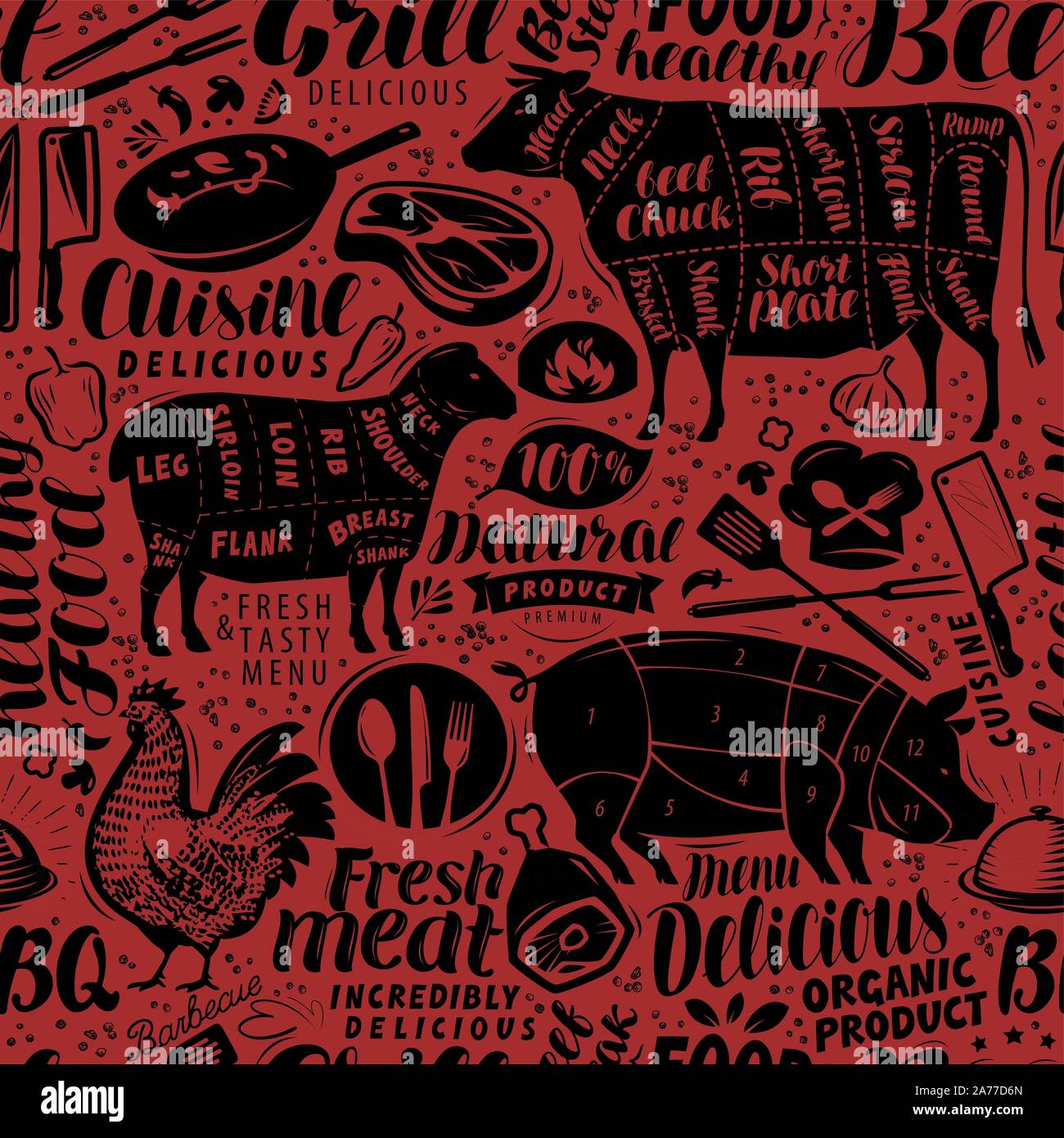 Barbecue, grigliare senza cuciture sfondo. Cibo, concetto di ristorante illustrazione vettoriale Illustrazione Vettoriale