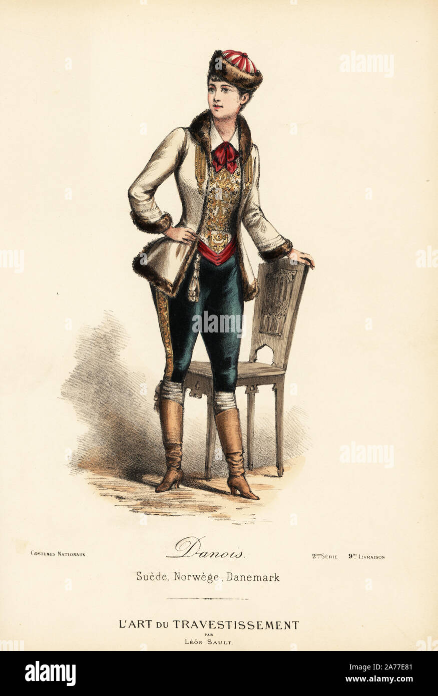 Donna in costume di un uomo danese, xix secolo. Cappuccio di pelliccia, giacca gilet ricamato (gilet), calzoncini e scarpe. Litografia Handcolored dopo un disegno di Leon Sault da 'L'Art du Travestissement' (l'Arte del Costume), Parigi, c.1880. Sault era un teatro e opera designer e lusso fashion magazine publisher. Foto Stock