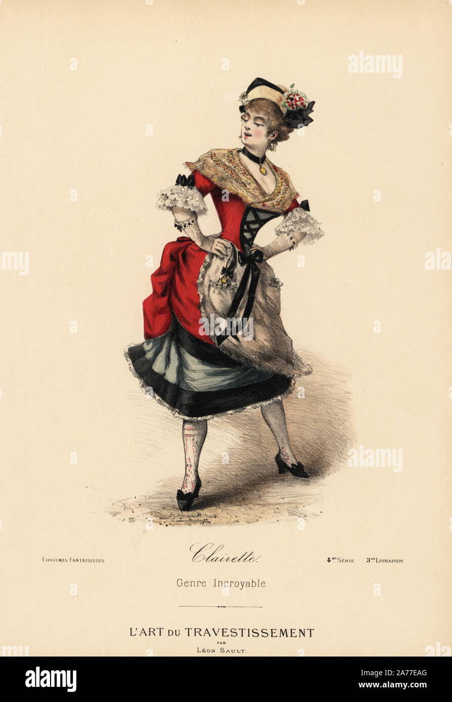 Costume teatrale Clairette Angot (Luigini Paolino in Charles Lecocq's opera comica La fille de Madame Angot). Cappello di paglia, raso fichu, cashmere abito in seta, grembiule con nastri di velluto. Litografia Handcolored dopo un disegno di Leon Sault da 'L'Art du Travestissement' (l'Arte del Costume), Parigi, c.1880. Sault era un teatro e opera designer e lusso fashion magazine publisher. Foto Stock