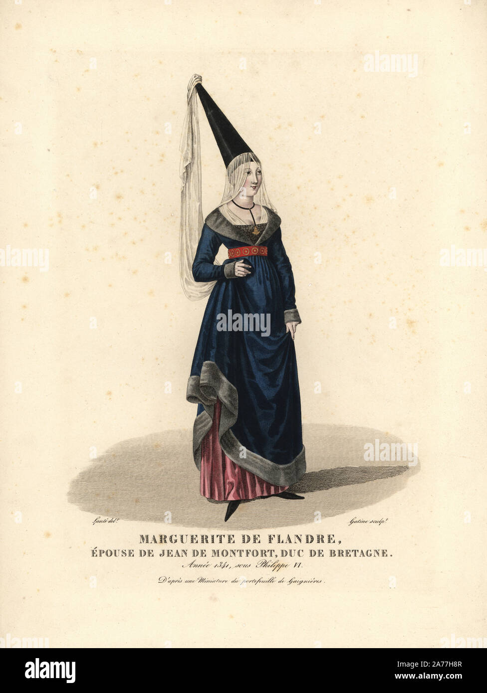 Marguerite delle Fiandre, moglie di Jean de Montfort, duca di Bretagna, 1341. Dopo una miniatura nella collezione Gaignieres. Handcolored incisione su rame da Gatine dopo una illustrazione di Louis Marie Lante da Pierre de la Mesangere i costumi des femmes celebres (costumi di donne famose), Paris, 1827. Foto Stock