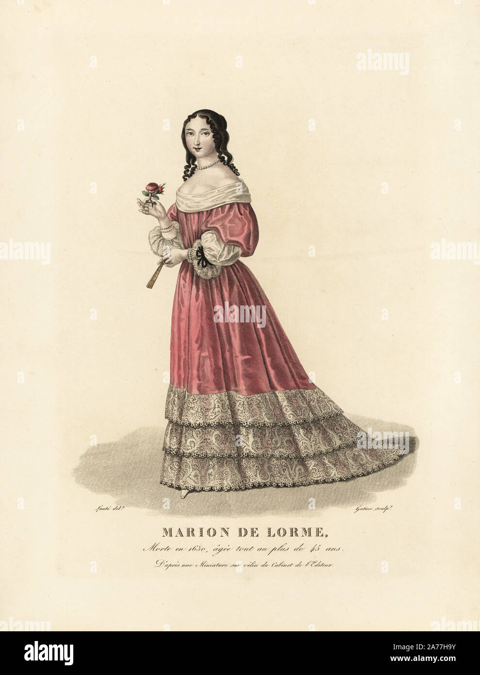 Marion de Lorme, Francese cortigiana, morì 1650. Dopo una miniatura su pergamena. Handcolored incisione su rame da Gatine dopo una illustrazione di Louis Marie Lante da Pierre de la Mesangere 'costumi des femmes celebres' (costumi di donne famose), Paris, 1827. Foto Stock