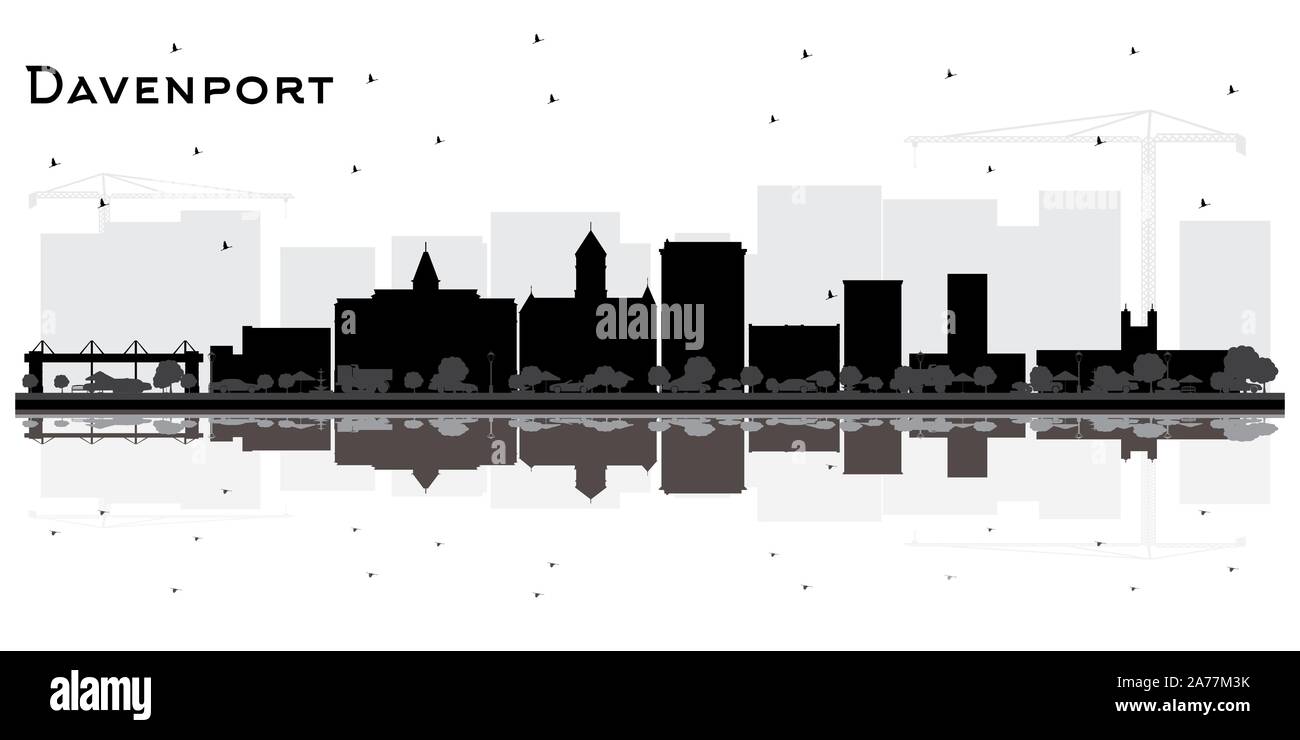 Davenport Iowa City Skyline Silhouette con edifici di colore nero e di riflessioni isolato su bianco. Illustrazione Vettoriale. Business Travel. Illustrazione Vettoriale