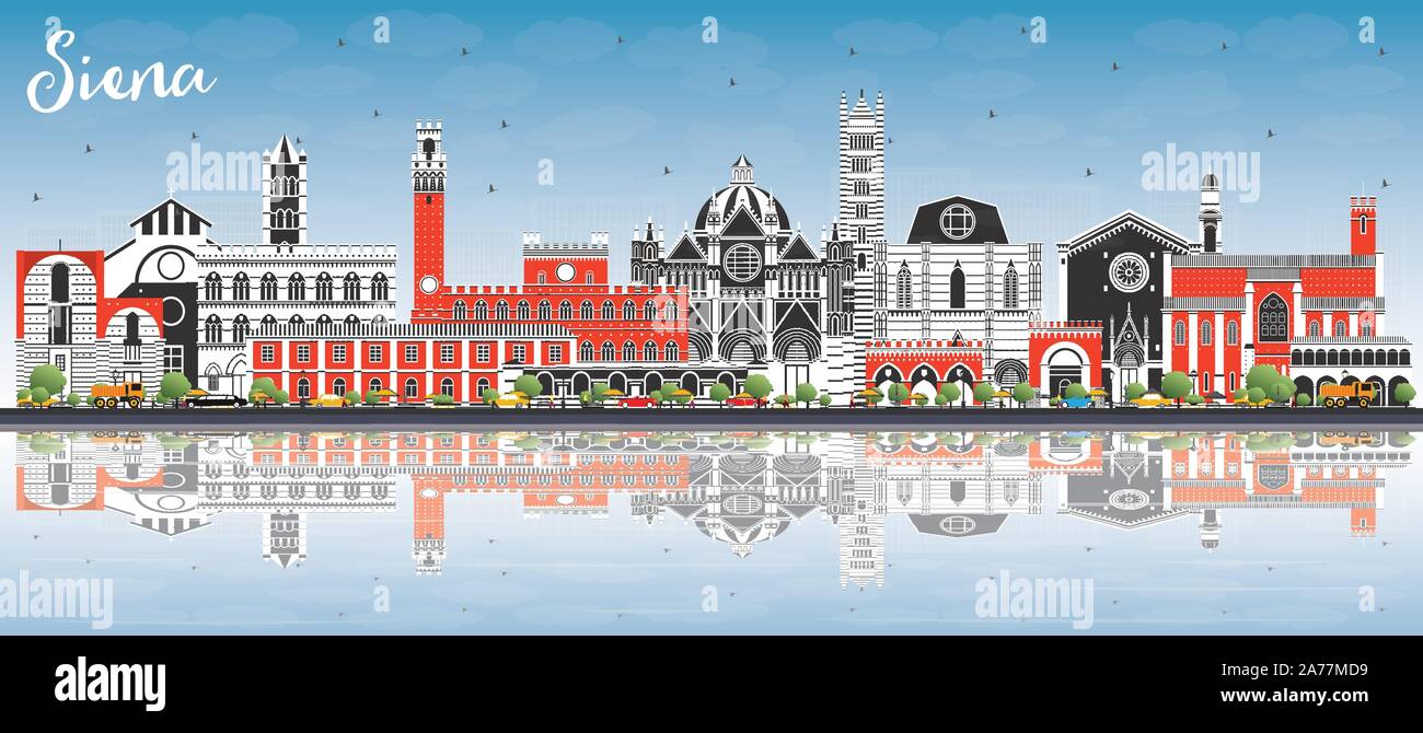 Siena Toscana Italia skyline della città con edifici di colore, cielo blu e riflessi. Illustrazione Vettoriale. Illustrazione Vettoriale