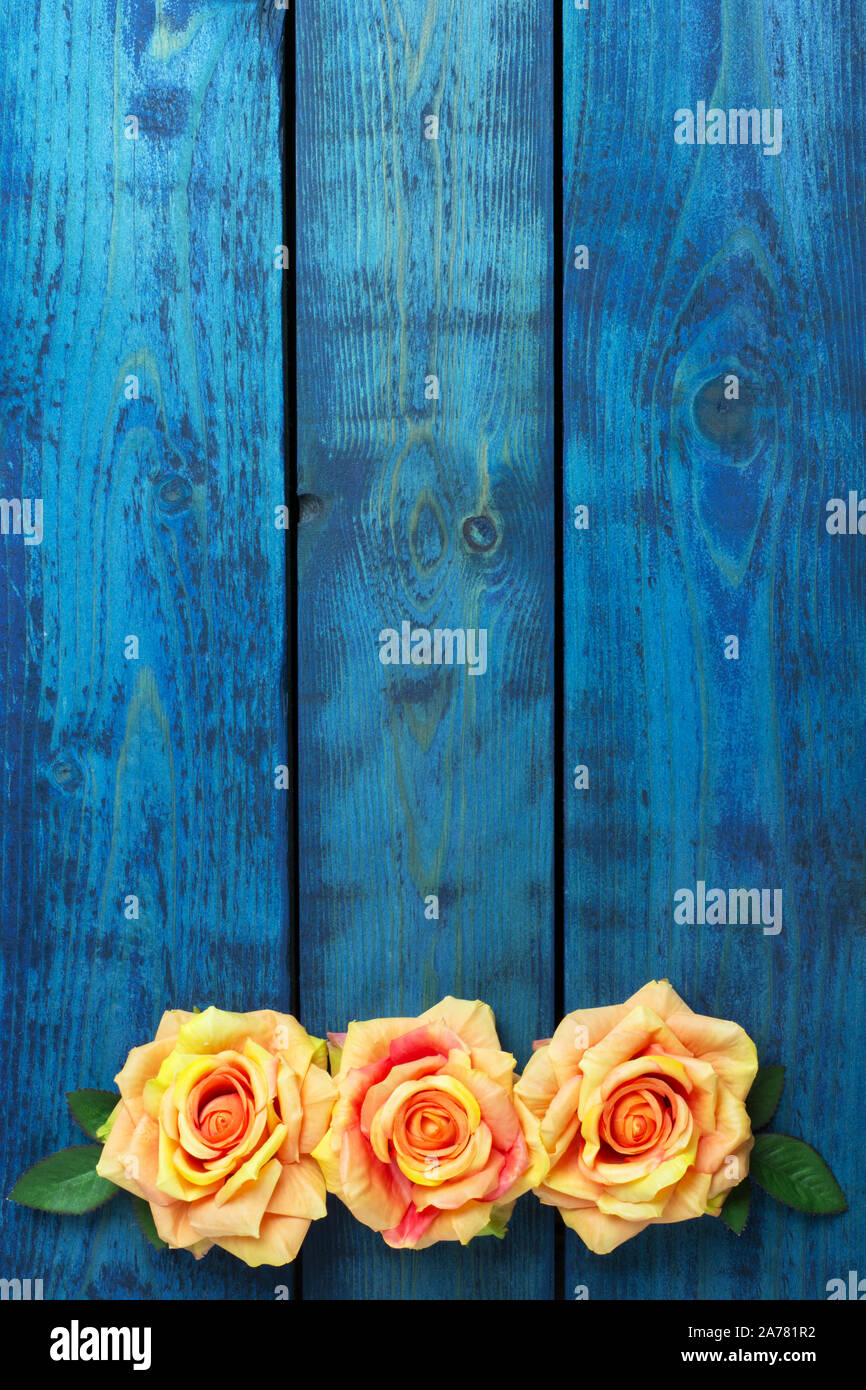 Sfondo romantico con tre arancione rosa fiori blu su sfondo di legno Foto Stock