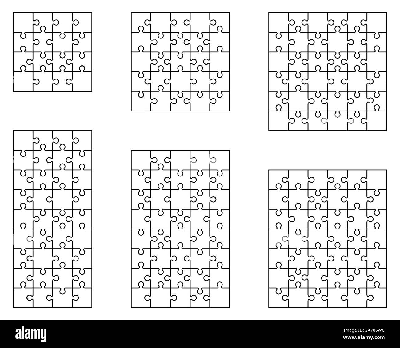 Illustrazione di sei diversi puzzle bianco, pezzi separati Foto Stock