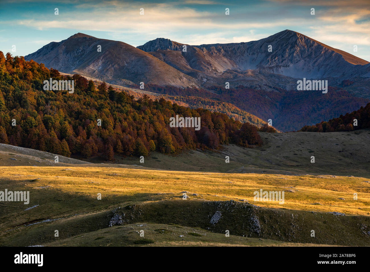 Le colline del Parco Nazionale d'Abruzzo in pieno colore autunnale, Italia Foto Stock
