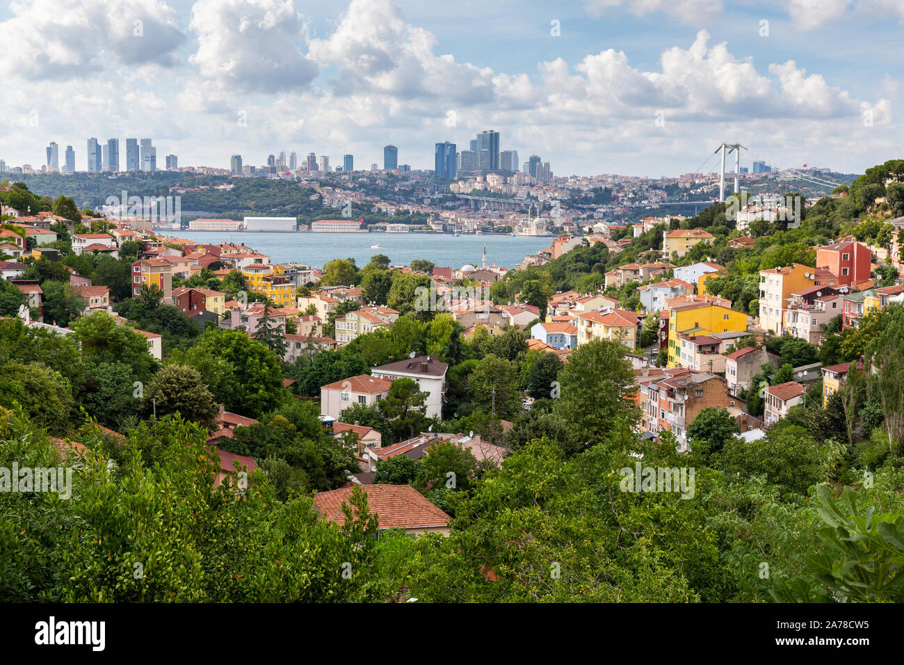 Angolo di alta vista sul Bosforo da Kuzguncuk. Kuzguncuk è un quartiere nel quartiere Uskudar sul lato Asiatico del Bosforo ad Istanbul in Turchia. Foto Stock
