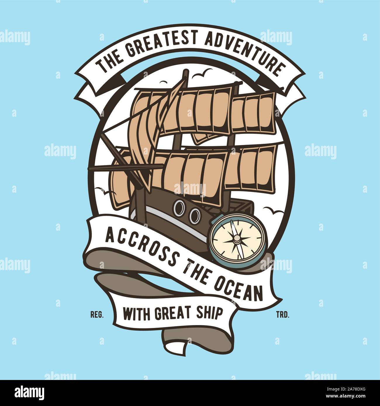 Illustrazione Vettoriale il badge con grande nave, design per tshirt, etichetta, logo Illustrazione Vettoriale