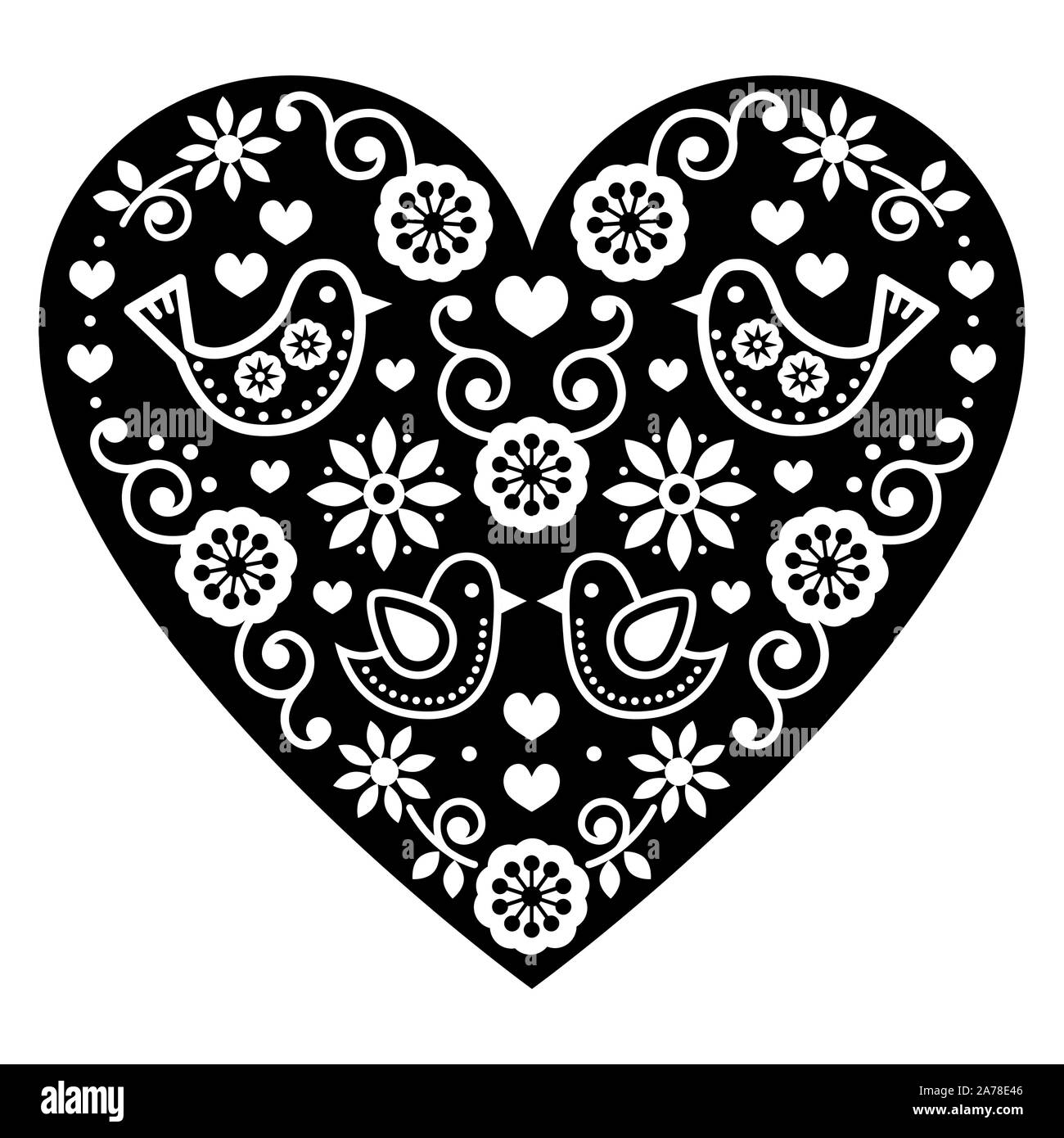 Arte popolare il giorno di San Valentino cuore in bianco e nero - amore, invito a nozze, biglietto di auguri Illustrazione Vettoriale