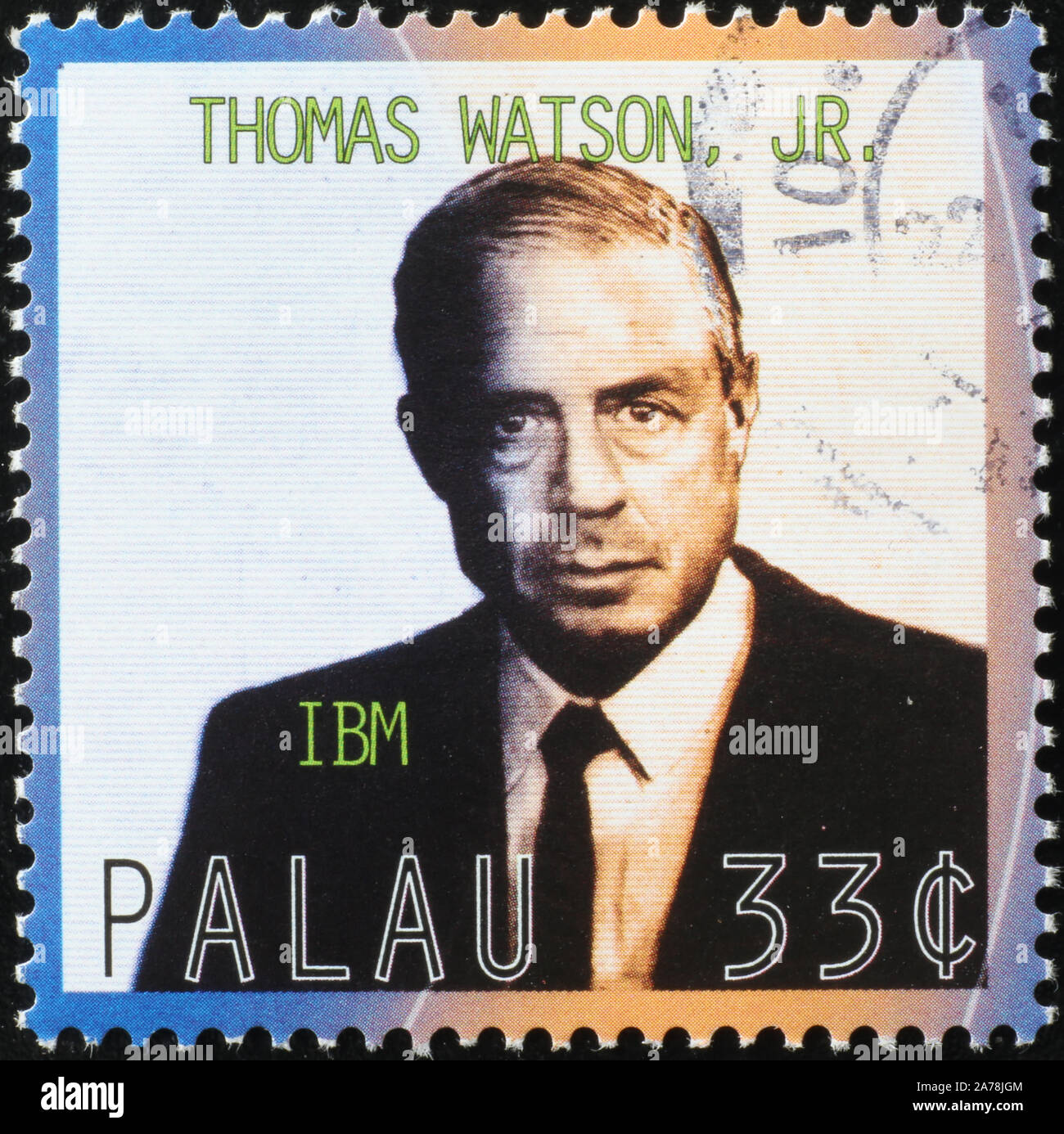 Imprenditore Thomas Watson Jr sul francobollo. Foto Stock
