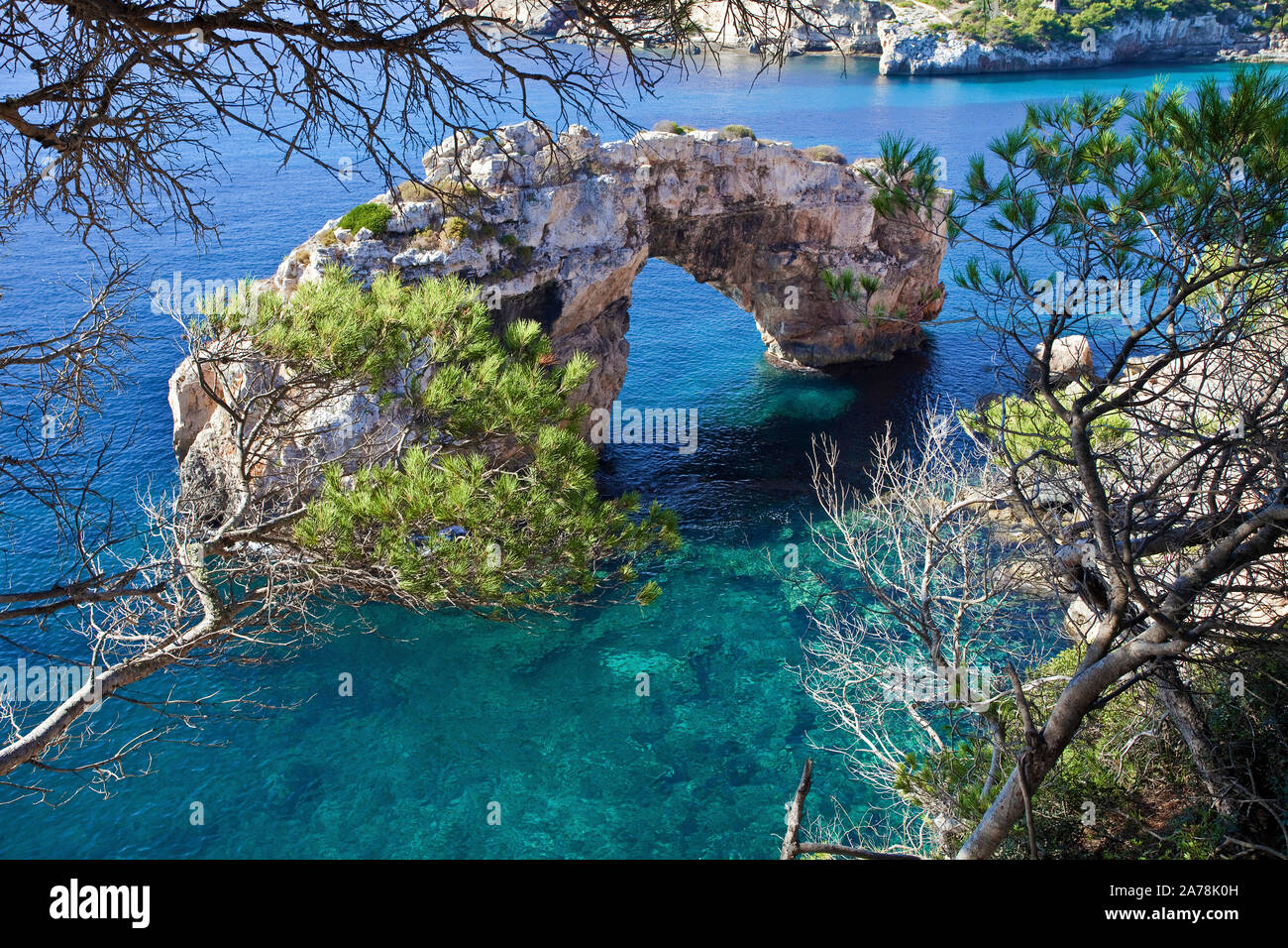Es Pontas, arco naturale presso la costa rocciosa, Cala Santanyi, Maiorca, Baleari, Spagna Foto Stock