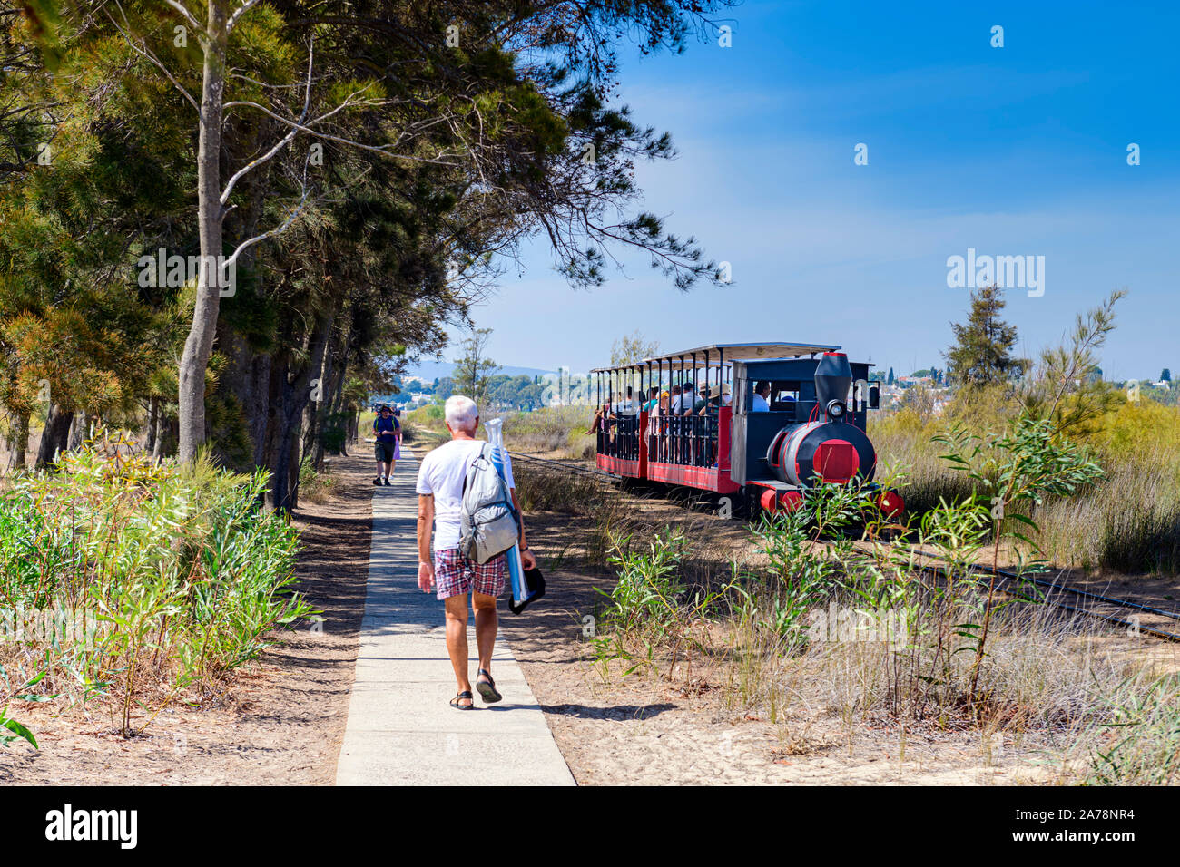 Trasporto passeggeri con ferrovia panoramica in miniatura che porta passeggeri a Baril Beach, Santa Luzia, East Algarve, Portogallo. Foto Stock