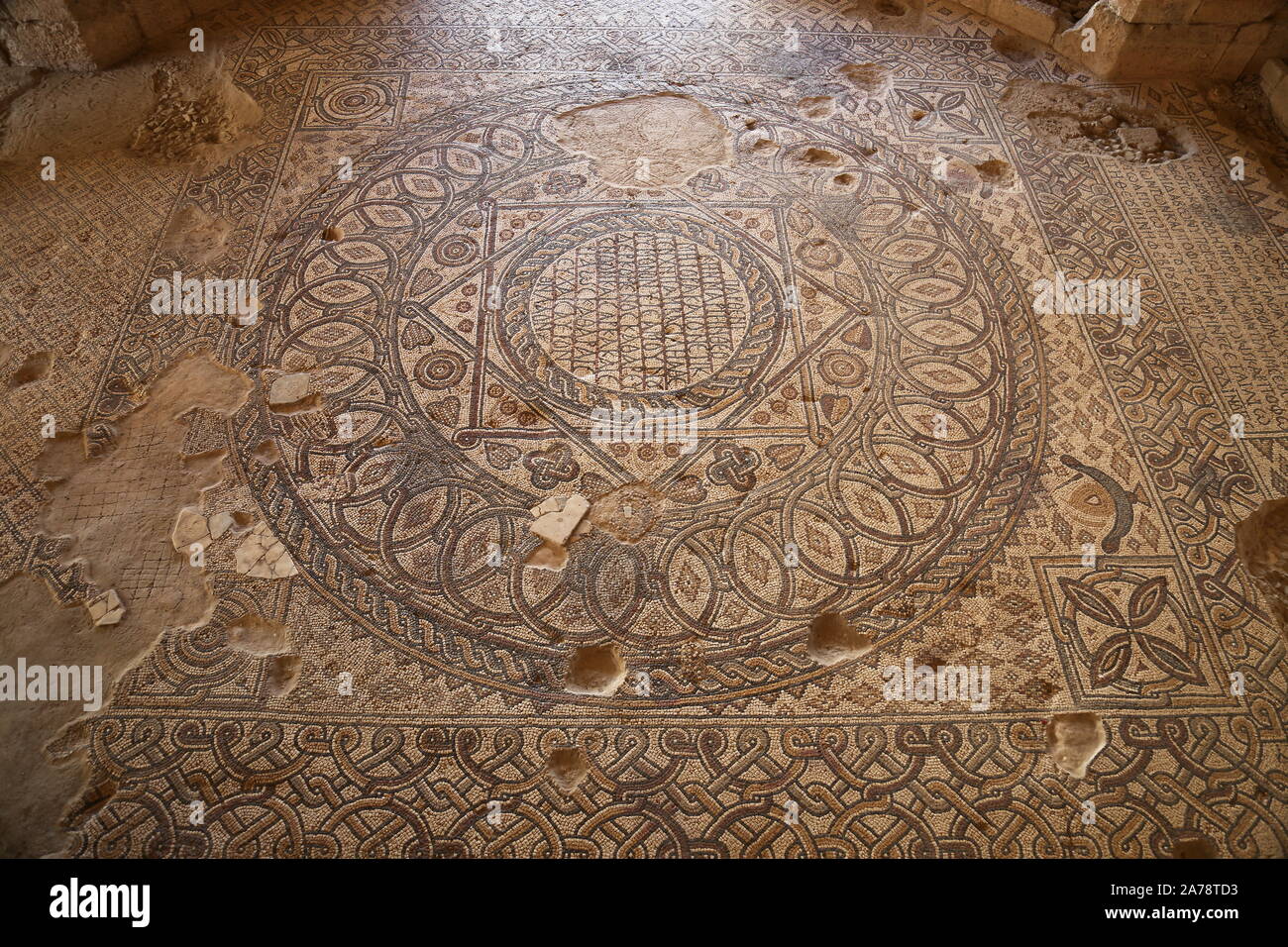 Abassid Mosaic (767 d.C.), Chiesa della Vergine Maria, Parco Archeologico, Abu Bakr come Siddiq Street, Madaba, Governatorato di Madaba, Giordania, Medio Oriente Foto Stock