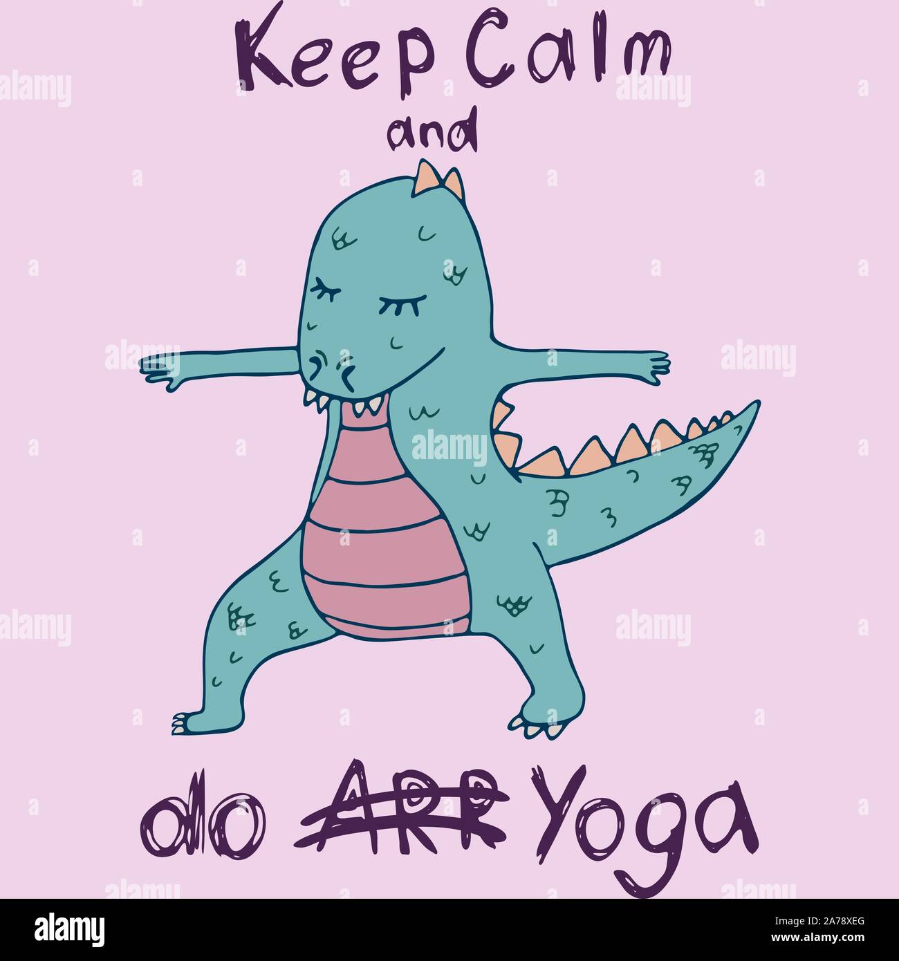 Dinosauro nello Yoga asana disegnati a mano illustrazione vettoriale con caratteri Illustrazione Vettoriale