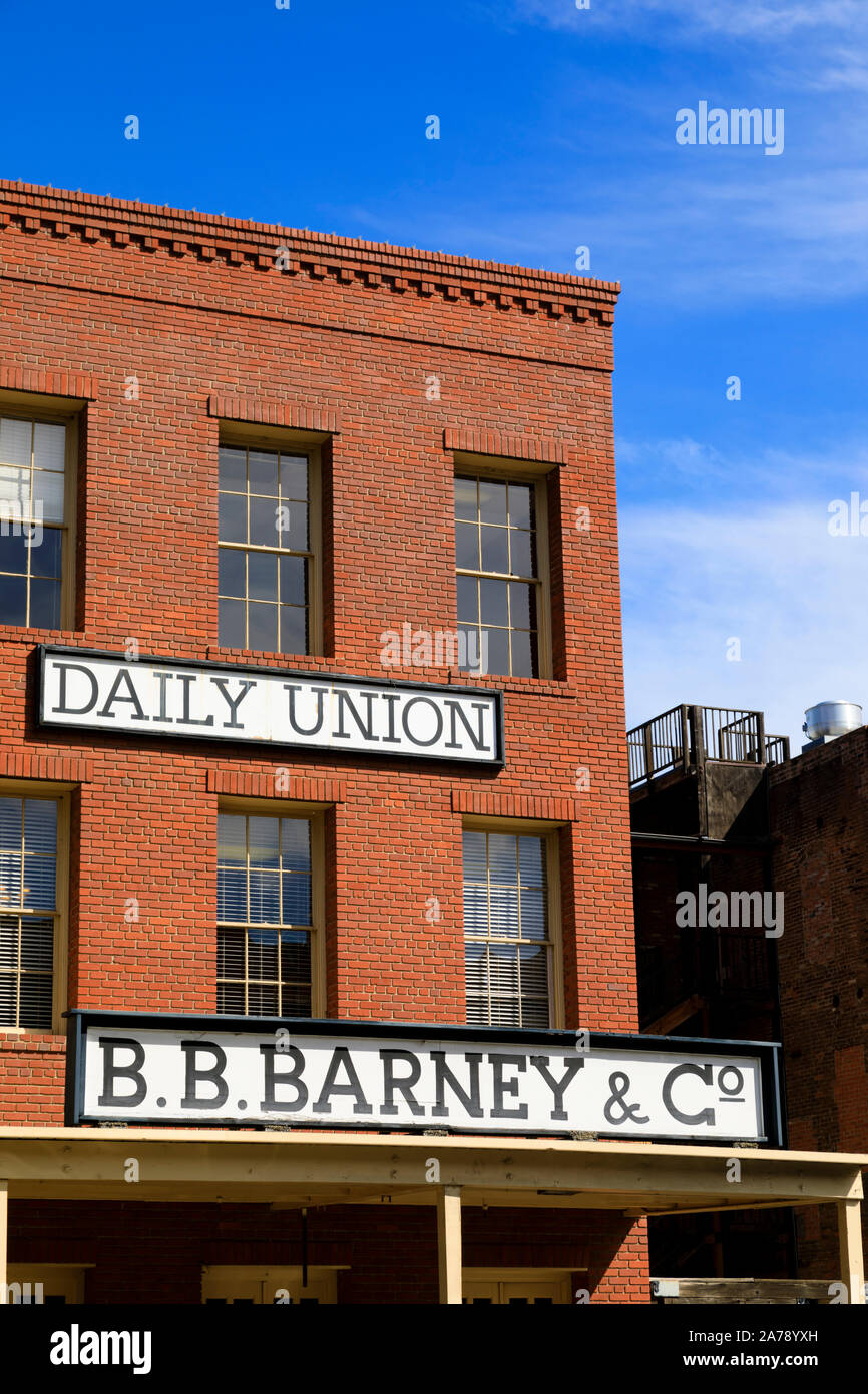 Quotidiana unione, B.B. Barney e Co edificio, Città Vecchia, Sacramento, la capitale dello Stato della California, Stati Uniti d'America. Foto Stock