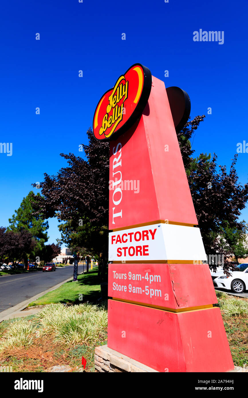 Indicazioni per il ventre Jelly factory store e tours, 1 Jelly Belly Lane, Fairfield, California, Stati Uniti d'America. Foto Stock