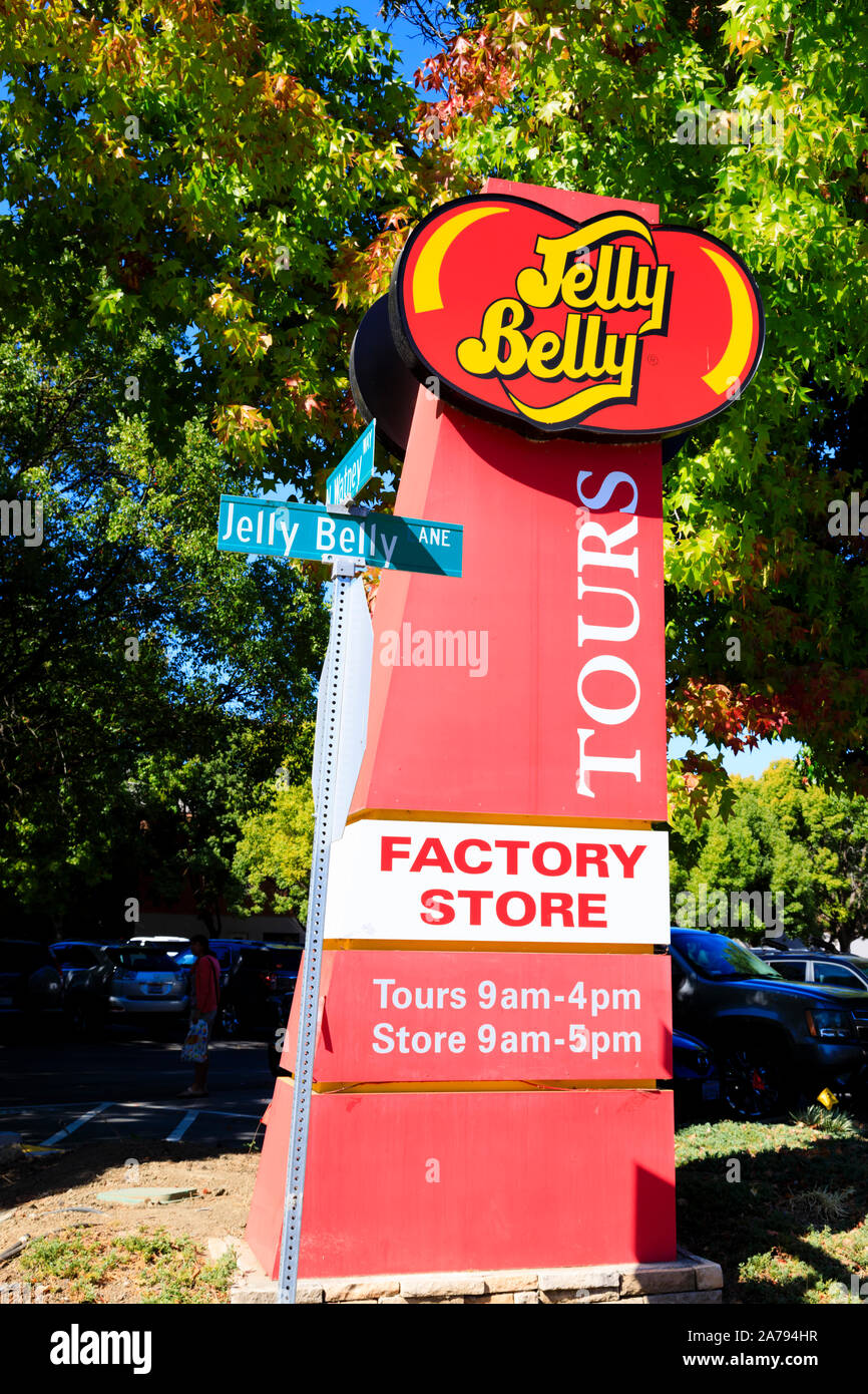 Indicazioni per il ventre Jelly factory store e tours, 1 Jelly Belly Lane, Fairfield, California, Stati Uniti d'America. Foto Stock