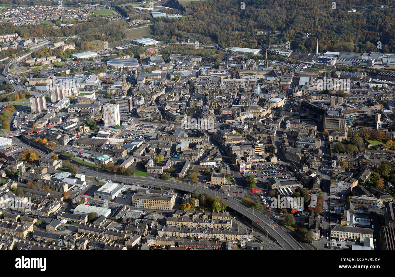 Vista aerea di Halifax Town Center, West Yorkshire, Regno Unito Foto Stock