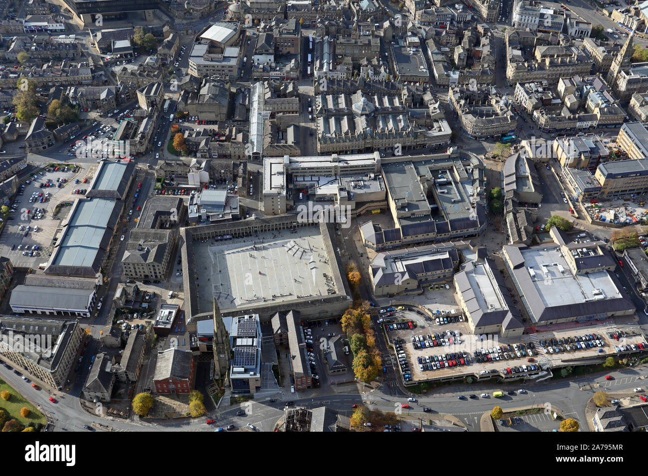 Vista aerea di Halifax Town Center, West Yorkshire, Regno Unito Foto Stock