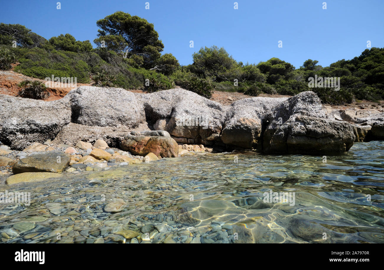 Rocce e posidonia impianto sulla spiaggia in una baia di Punta Giglio di Porto Conte Parco naturale in Sardegna Foto Stock