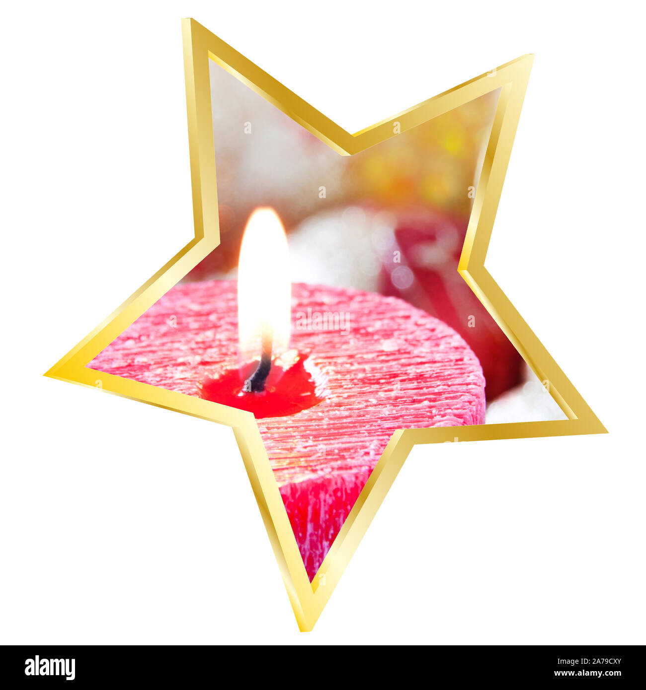 Golden Star isolato su sfondo bianco con candela Foto Stock