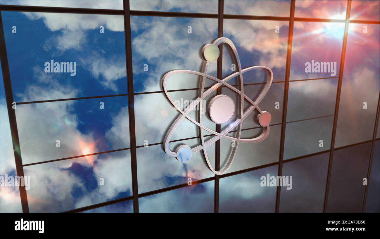 Energia di atomo di simbolo sul palazzo di vetro. In mirroring e sky city sulla facciata moderna. La scienza, la tecnologia e l'industria nucleare concetto di centro 3D renderi Foto Stock