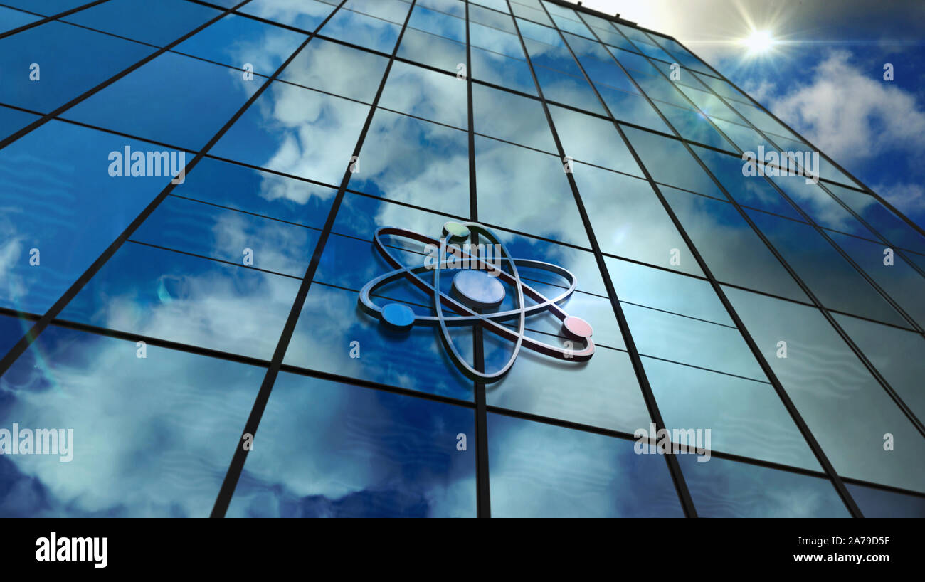 Energia di atomo di simbolo sul palazzo di vetro. In mirroring e sky city sulla facciata moderna. La scienza, la tecnologia e l'industria nucleare concetto di centro 3D renderi Foto Stock
