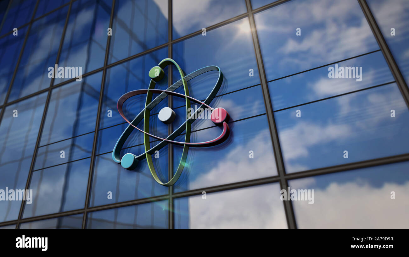 Energia di atomo di simbolo sul palazzo di vetro. In mirroring e sky city sulla facciata moderna. La scienza, la tecnologia e l'industria nucleare concetto di centro 3D renderi Foto Stock