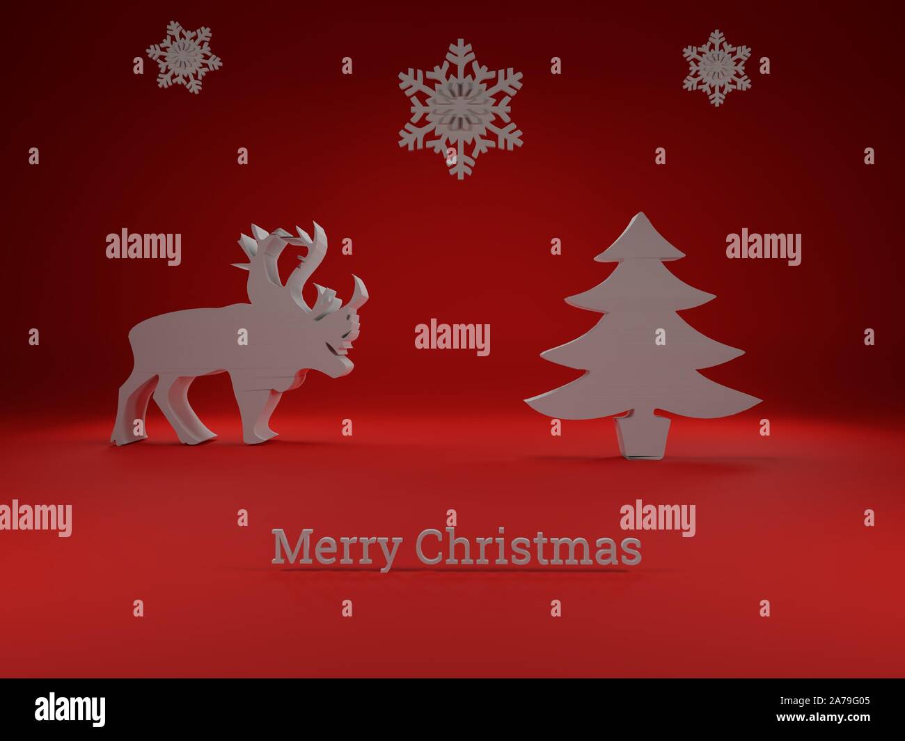 Carta di natale il rendering di illustrazione di una renna e albero di Natale con i fiocchi di neve con uno sfondo rosso Foto Stock