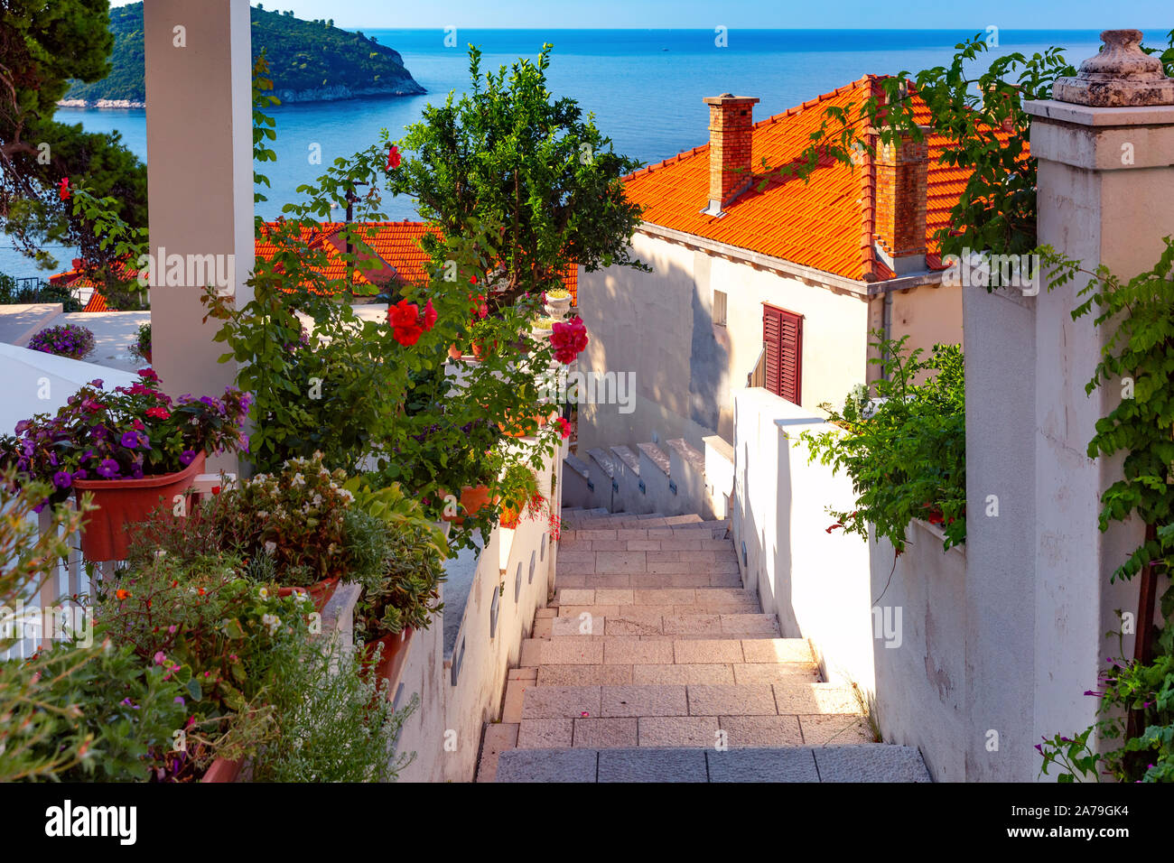 Via medievale con scale e vasi di fiori nella famosa città europea di Dubrovnik in una giornata di sole. Foto Stock