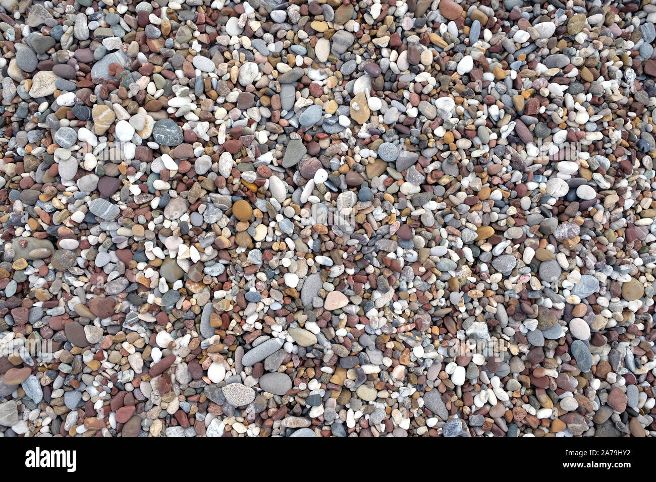 Lo sfondo da molti piccoli ciottoli pietre sul mare spiaggia sulla giornata di sole top view close-up Foto Stock