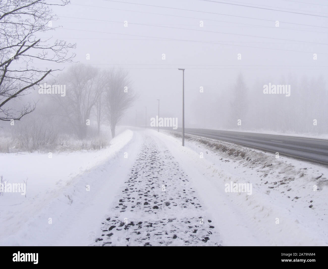 Foschia mattutina in inverno con un po' di neve. Paesaggio con una strada pedonale e impronte sul sentiero. Foto Stock
