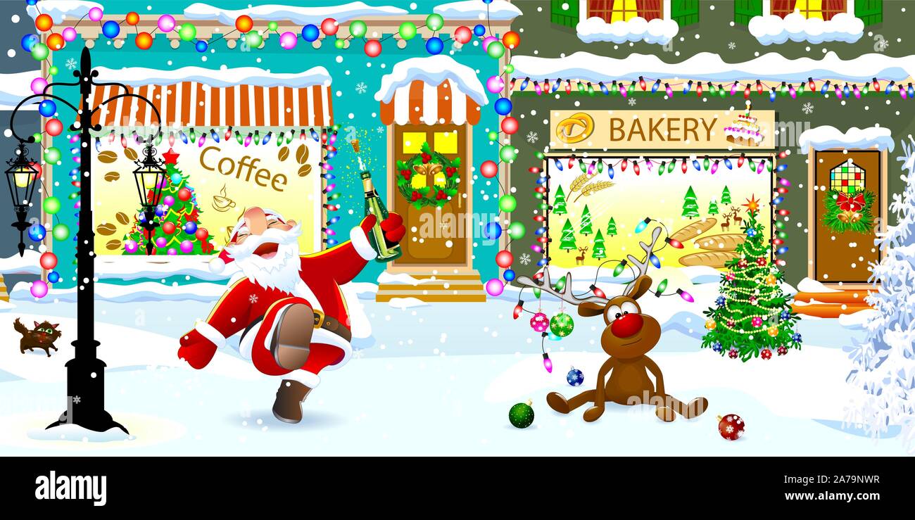 Gioiosa Santa Claus e cervi su una città nevoso street celebrano il Natale. Illustrazione Vettoriale