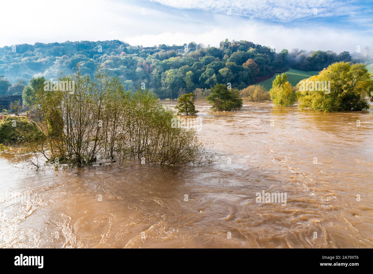 Il fangoso, limoso acque del fiume Wye in alluvione sulla 28.10.2019 a Kerne Bridge, Herefordshire UK - Le inondazioni era causato dalla pioggia pesante in Galles. Foto Stock