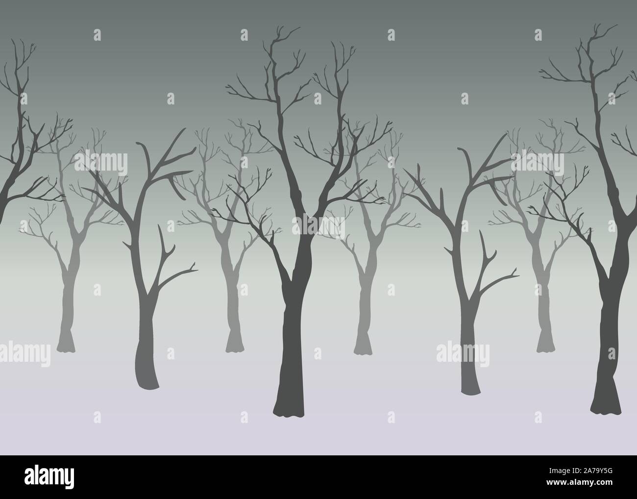 Inverno alberi dello sfondo. Paesaggio invernale con alberi, nebbia. Nuvoloso nebbioso giorno. Illustrazione Vettoriale