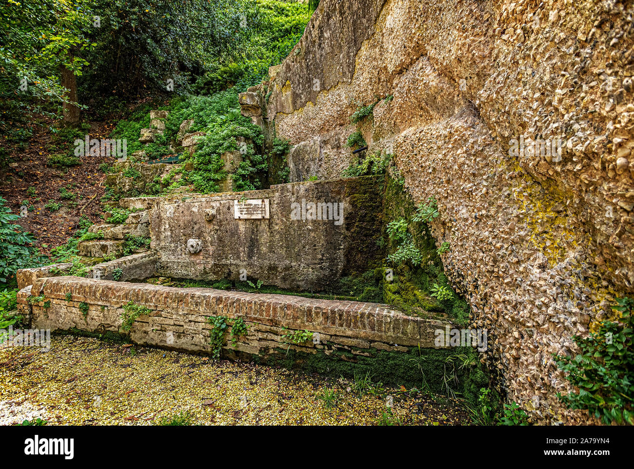 Italia Marche Osimo Fonte Magna sito archeologico ninfeo romano I sec AC colomba Pompeo Magno avrebbe abbeverato i cavalli | Italia Marche Osimo sito archeologico di Fonte Magna ninfeo I c.B.C.Pompeo Magno innaffiati i suoi cavalli qui Foto Stock
