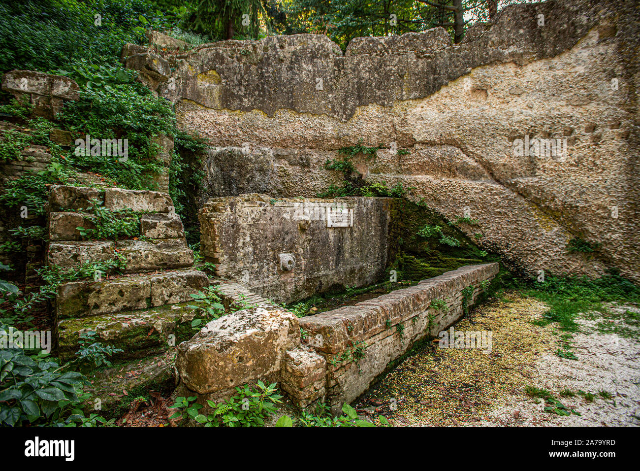 Italia Marche Osimo Fonte Magna sito archeologico ninfeo romano I sec AC colomba Pompeo Magno avrebbe abbeverato i cavalli | Italia Marche Osimo sito archeologico di Fonte Magna ninfeo I c.B.C.Pompeo Magno innaffiati i suoi cavalli qui Foto Stock