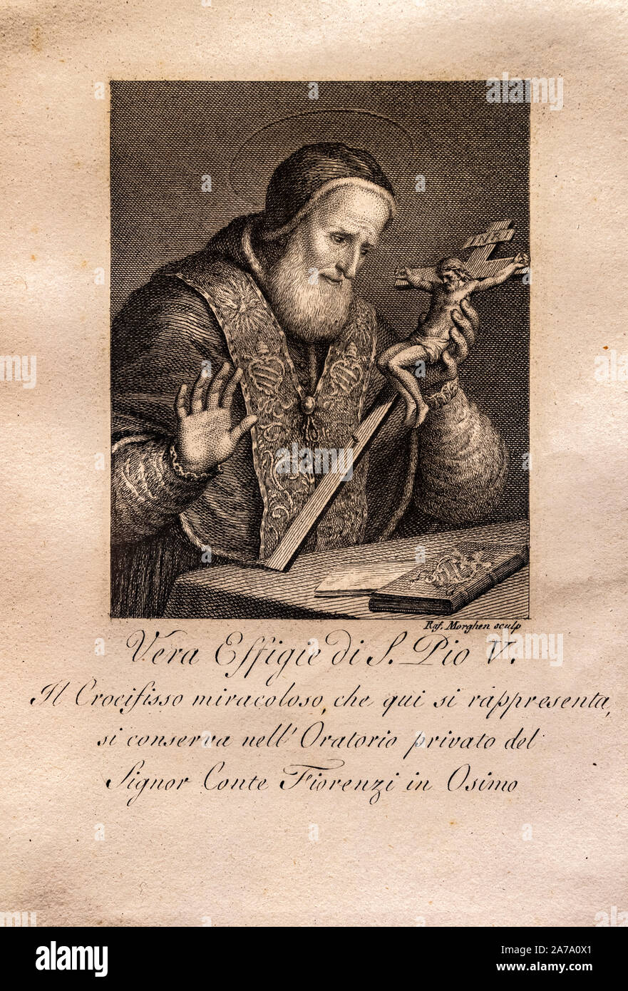 Italia Marche Osimo Museo Diocesano Effige di san Pio V, il crocifisso miracoloso, antica stampa sec XVI | Italia Marche Osimo Museo Diocesano effigie di San Pio V, il crocifisso miracoloso, stampa antica del XVI secolo Foto Stock