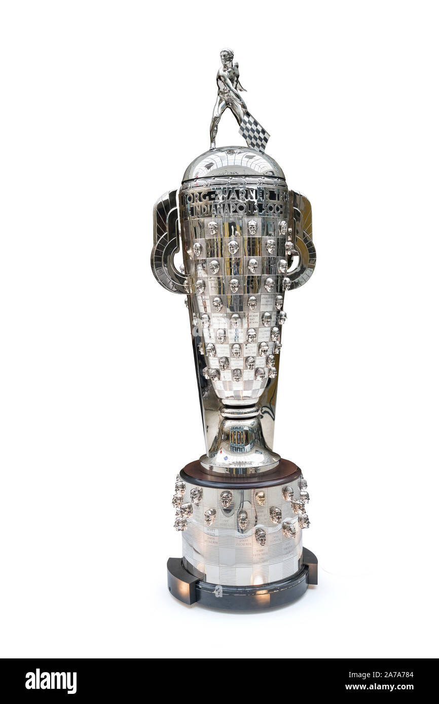 Il Borg Warner Trophy sul display al Motor Speedway di Indianapolis Museum, Indianapolis, Indiana, Stati Uniti d'America. Foto Stock