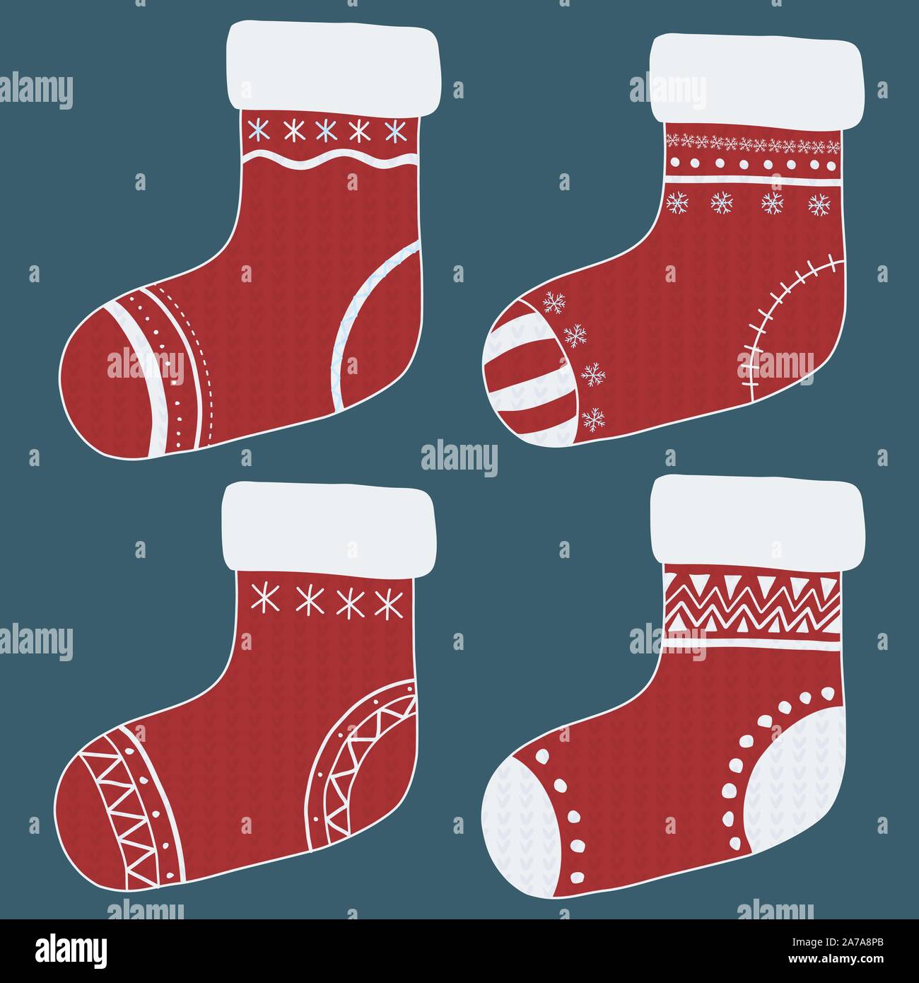 Retrò cartoon modello con set di natale calzini rossi con ornamento decorativo su sfondo verde. Design vacanze elementi piani. Il simbolo del fiocco di neve in inverno. Illustrazione Vettoriale