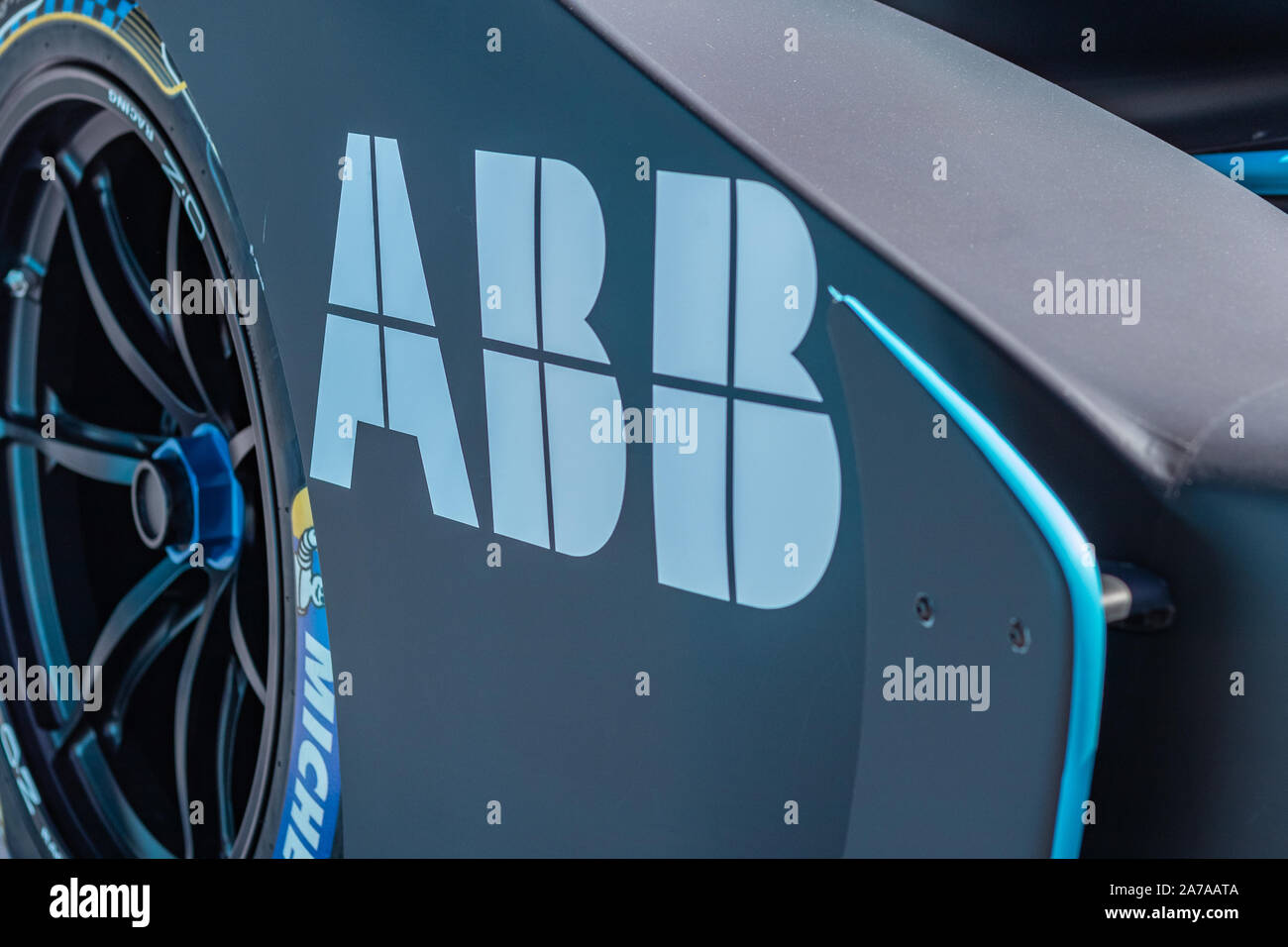 Roma, Italia 2019, Marzo 30th. E-Prix Formula E. Dettagli di hihg elettrico velocità auto racing, carbonio e fibra di vetro e texture, vernice blu. Sport estremi. Foto Stock
