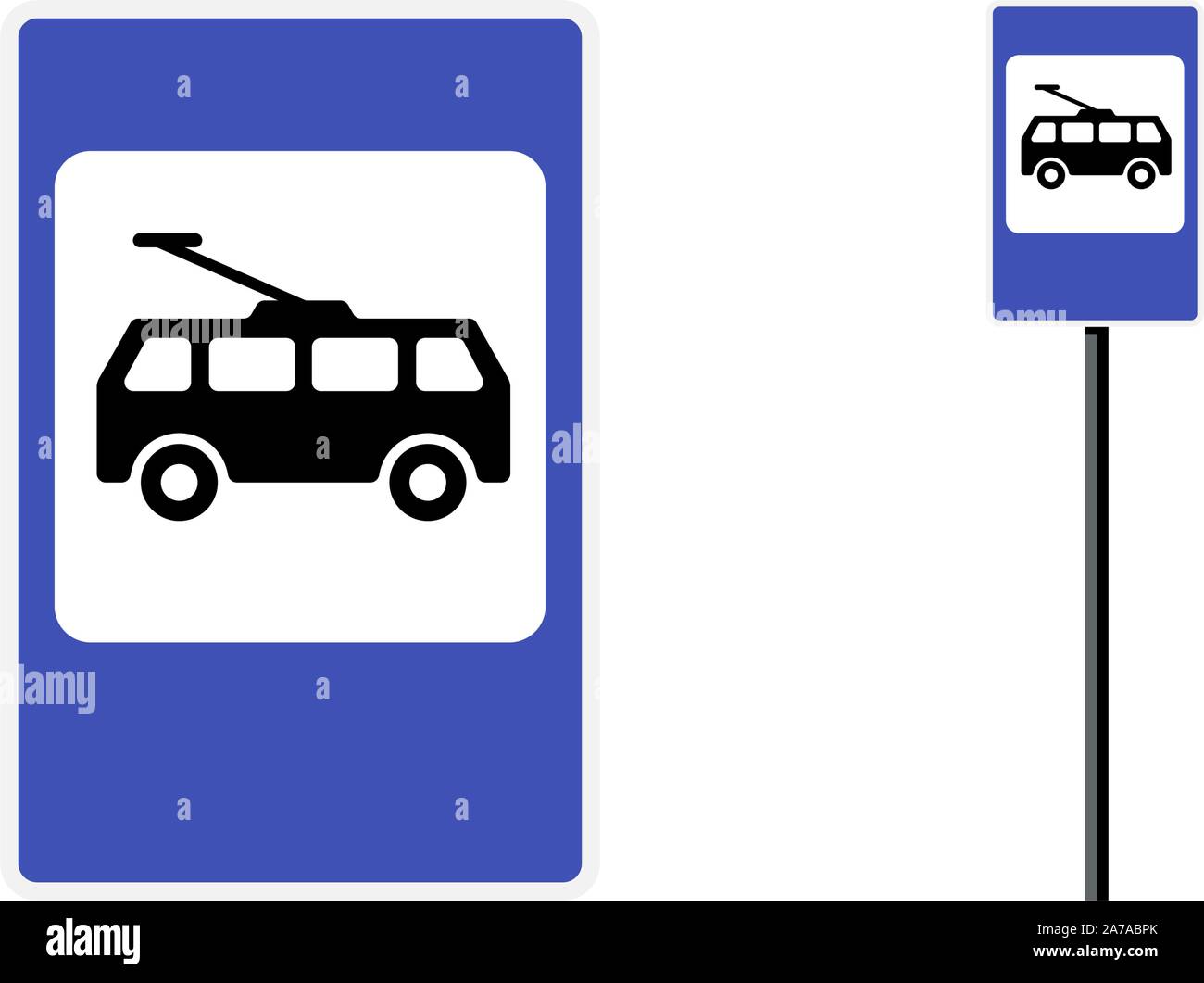 Il trolley fermata del bus posta stazione icona piano design. Set di cartelli blu per i mezzi pubblici. Immagine del simbolo vettoriale isolato del filobus elettrico su sfondo bianco Illustrazione Vettoriale