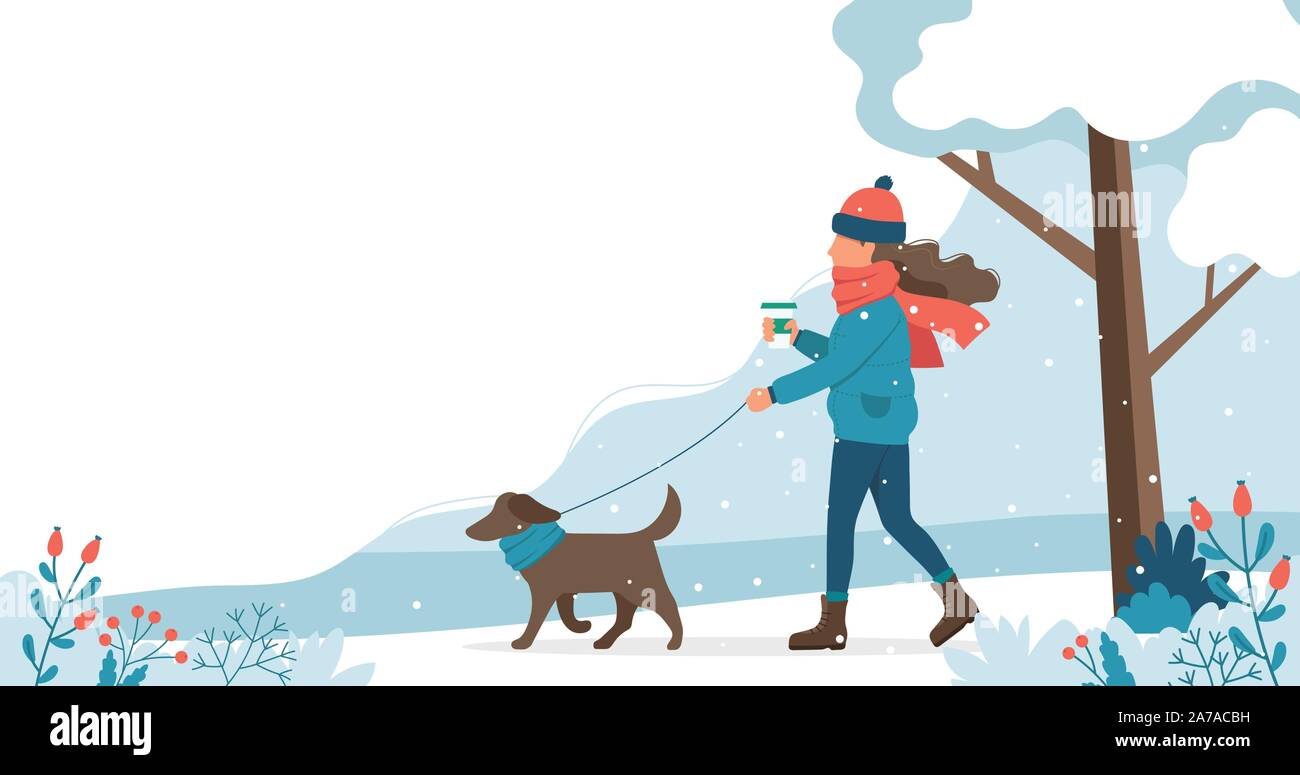 Donna passeggiate con il cane in inverno. Carino illustrazione vettoriale in stile appartamento. Illustrazione Vettoriale