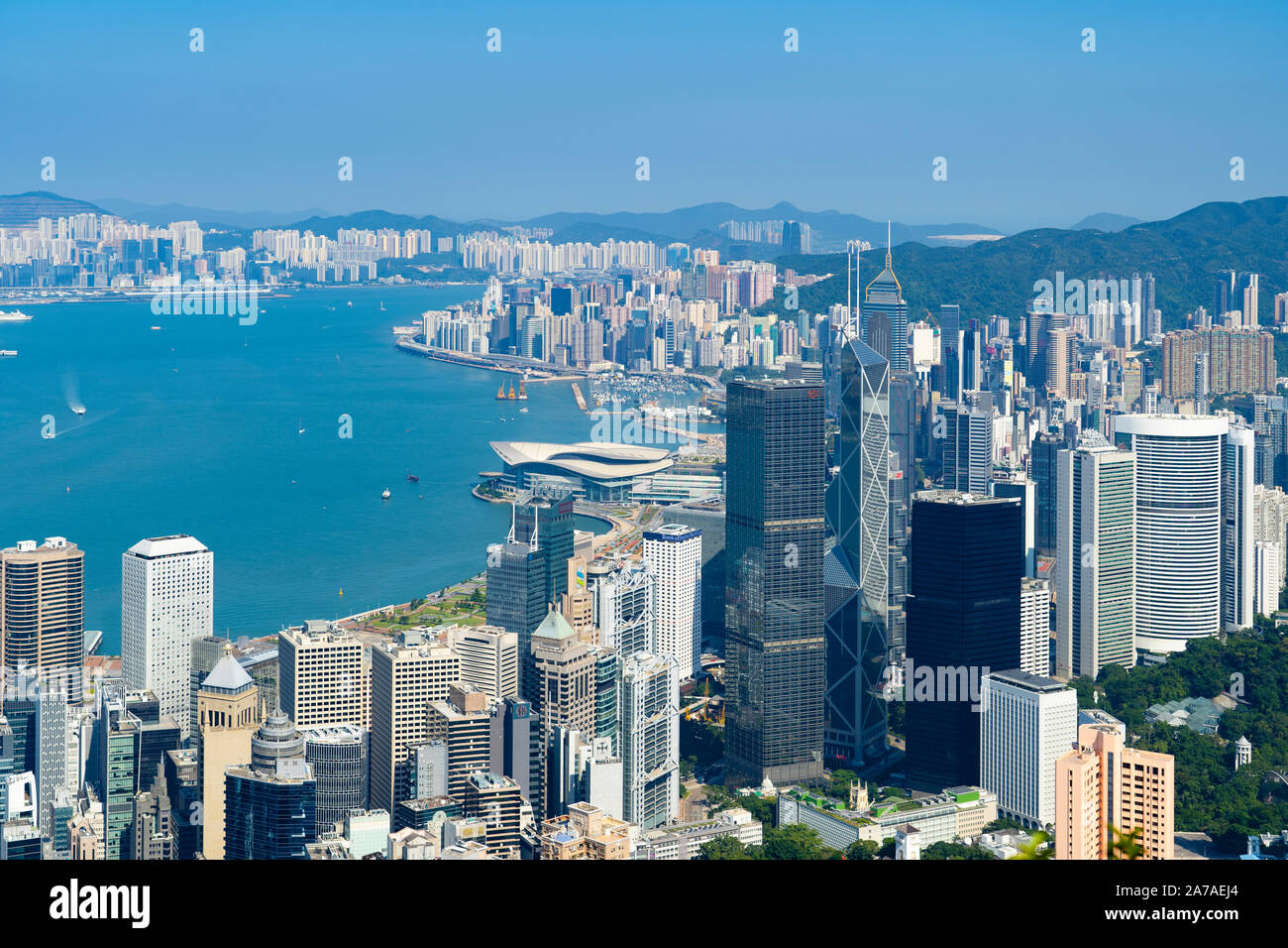 Il giorno dello skyline di Hong Kong dal picco di Hong Kong, Cina Foto Stock
